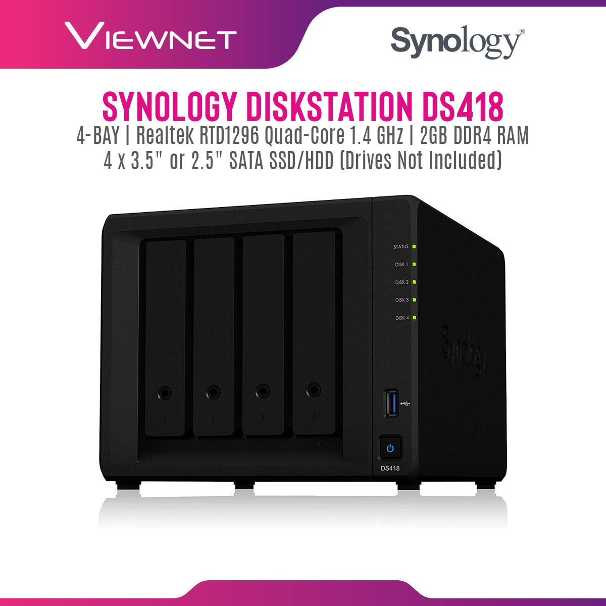 Synology Enclosure 4-BAYS/REALTEK RTD1296 QC 1.4GHz/2GB (DS418) NAS