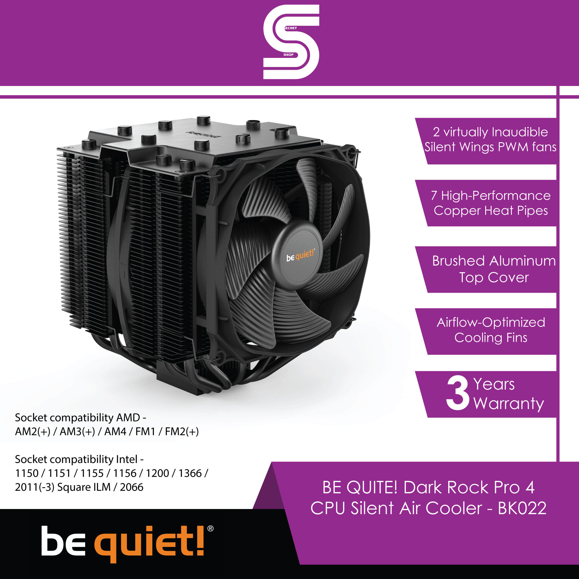 BE QUIET! Dark Rock Pro 4 CPU Silent Air Cooler - BK022