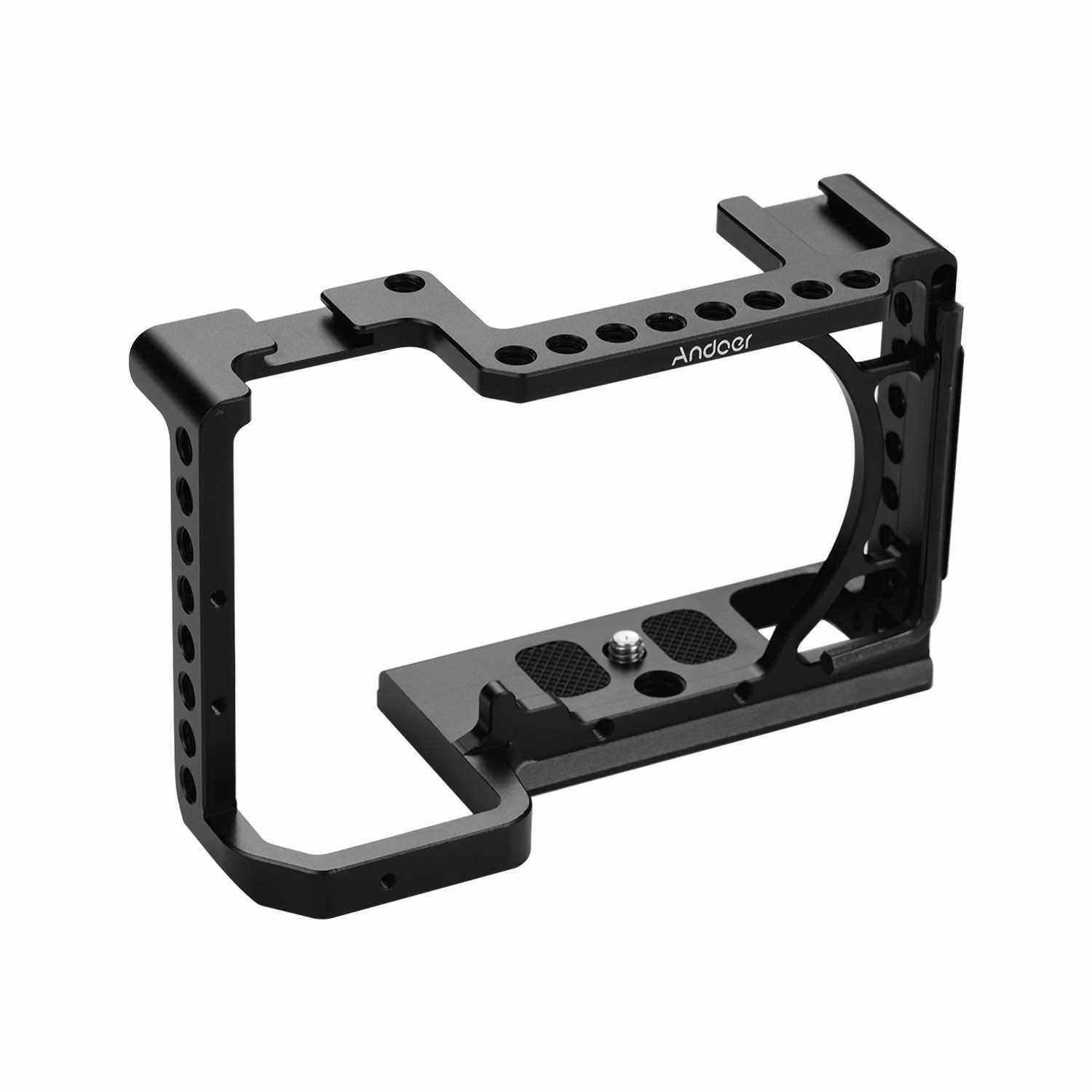 Andoer Professional Photography Camera Cage Kit Aluminum Alloy Camera Case Bracket with 1/4" 3/8" Extension Thread Holes and Cold Shoes Mini Wrench Compatible with Sony A6600,A6500,A6400,A6300,A6000 (Standard)