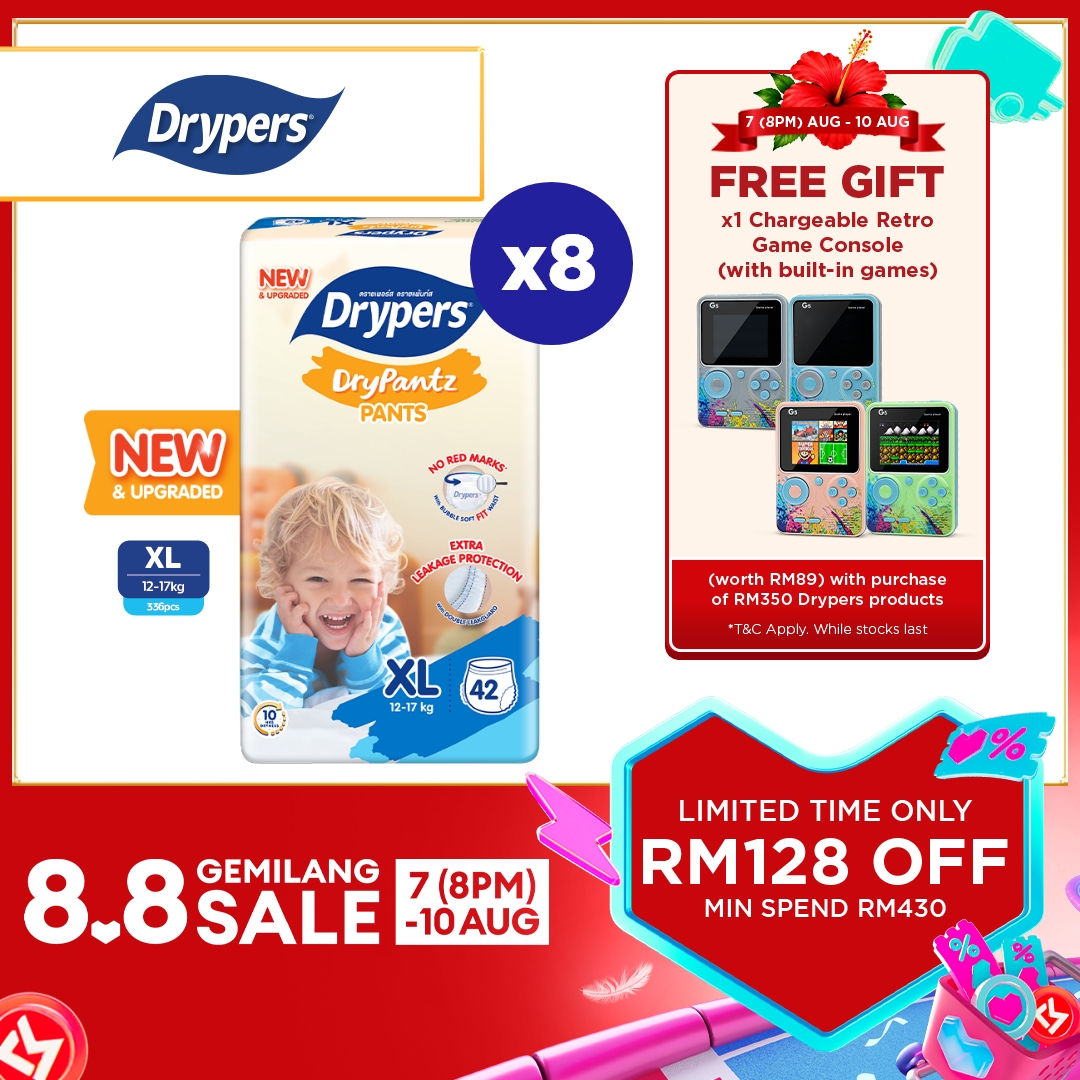[Upgraded] Drypers DryPantz Baby Diapers M58/L48/XL42/XXL36 (8 packs) - Bubble Soft Fit Waist Baby Pants