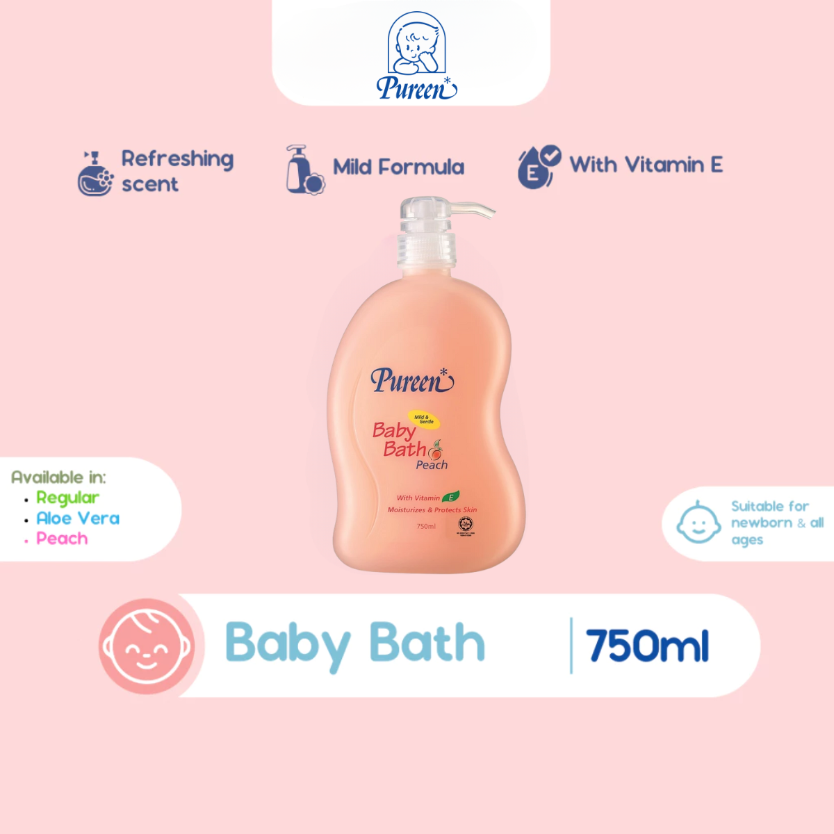 PUREEN BABY BATH MILD & GENTLE PEACH 750ML