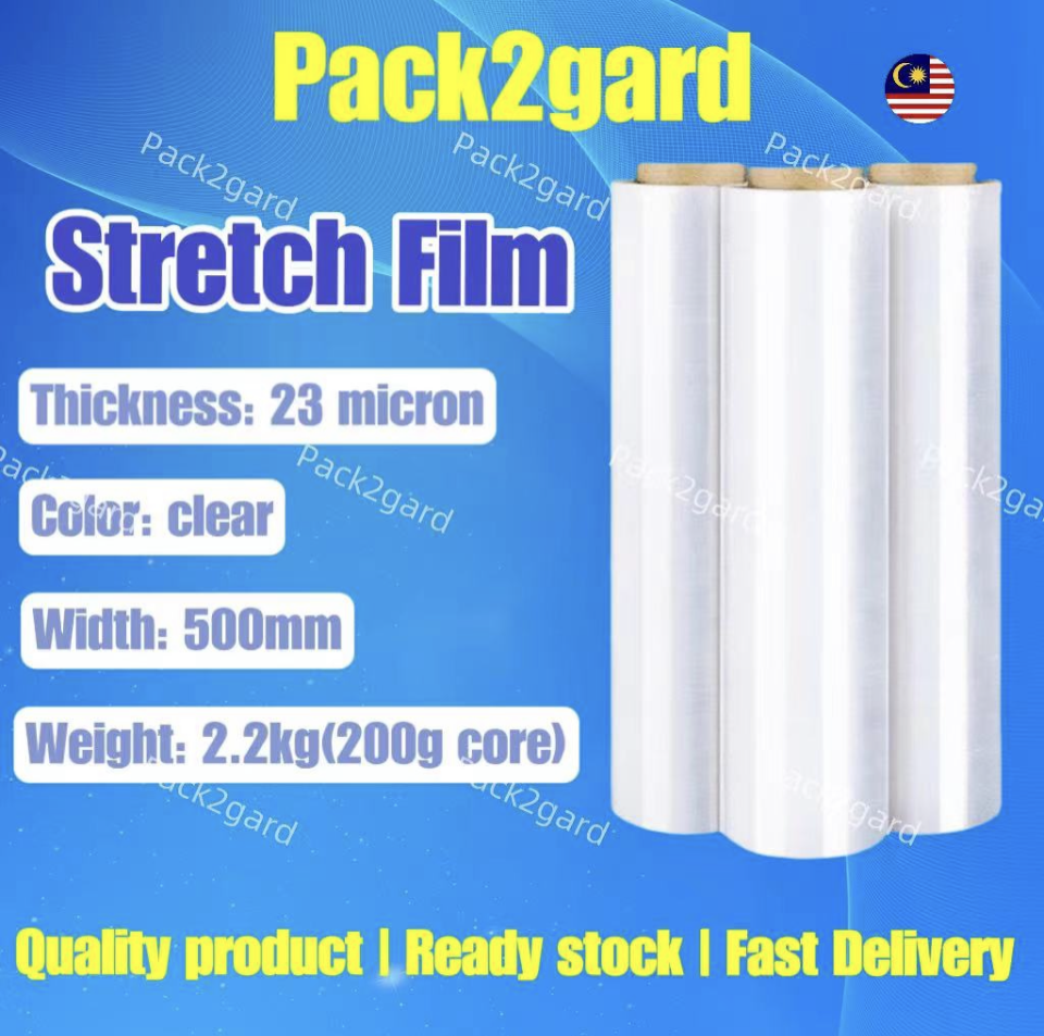 Pack2gard Stretch Film Clear/ One Roll / 500mm / 2.2kg / 200gm or 400gm core / 23 micron / Hand Wrapping Clear Transparent
