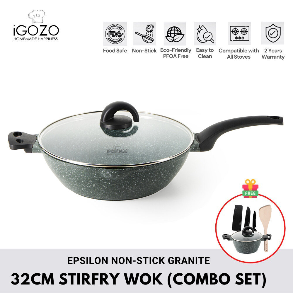 iGOZO Epsilon 32cm Non Stick Premium Granite Stir-fry Wok (Free 20cm Non Stick Premium Granite Casserole + Wooden Spatula + 3pcs Knives)