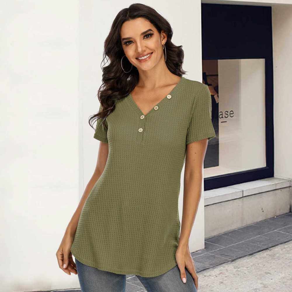 Women T Shirt Waffle Tops with Buttons Solid V-Neck Short Sleeve Tee Pullover Casual Summer (Army Green)