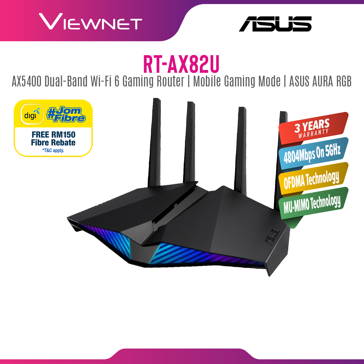 ASUS Gaming Router RGB RT-AX82U AX5400 Wi-Fi 6 Router 160Mhz Lifetime Anti Virus