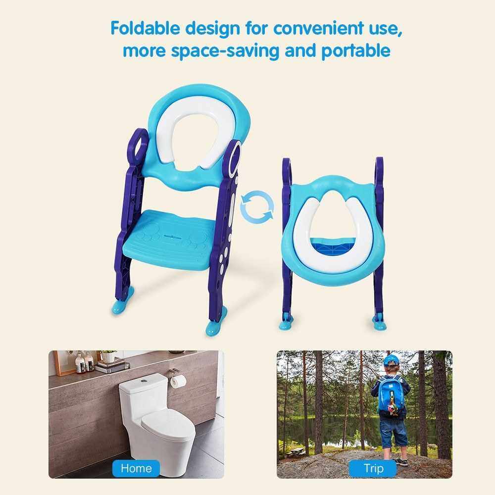 Best Selling Potty Training Seat with Ladder Step Non-slip Ladder Adjustable Height Double Handles Soft Potty Seat Pad Toddlers Toilet Seat Step for Boys Girls (Blue & Green)