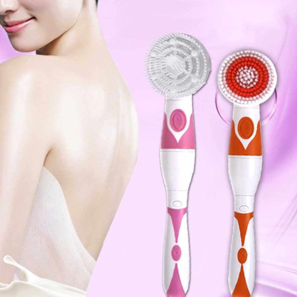 4 in 1 Waterproof Electric Bath Brush Multi-functional Body Cleansing Brush Back Massage Scrubber with 4 Brush Heads Shower Brush with Long Handle (Pink)