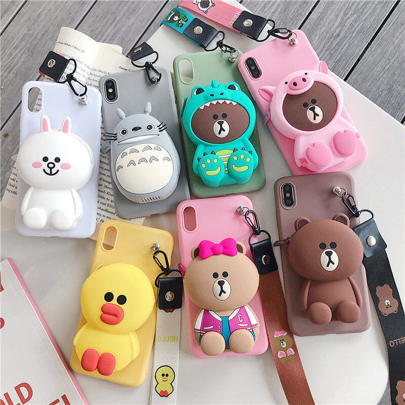 Túi Đựng Tiền Xu Silicone Mềm Totoro Gấu Khủng Long Hoạt Hình 3D Dễ Thương Ốp Điện Thoại Cho IPhone 14 13 12 11 Pro Max X Xs XR 6 6S 7 8 Plus SE3 2020 Ốp Có Dây Đeo Cổ