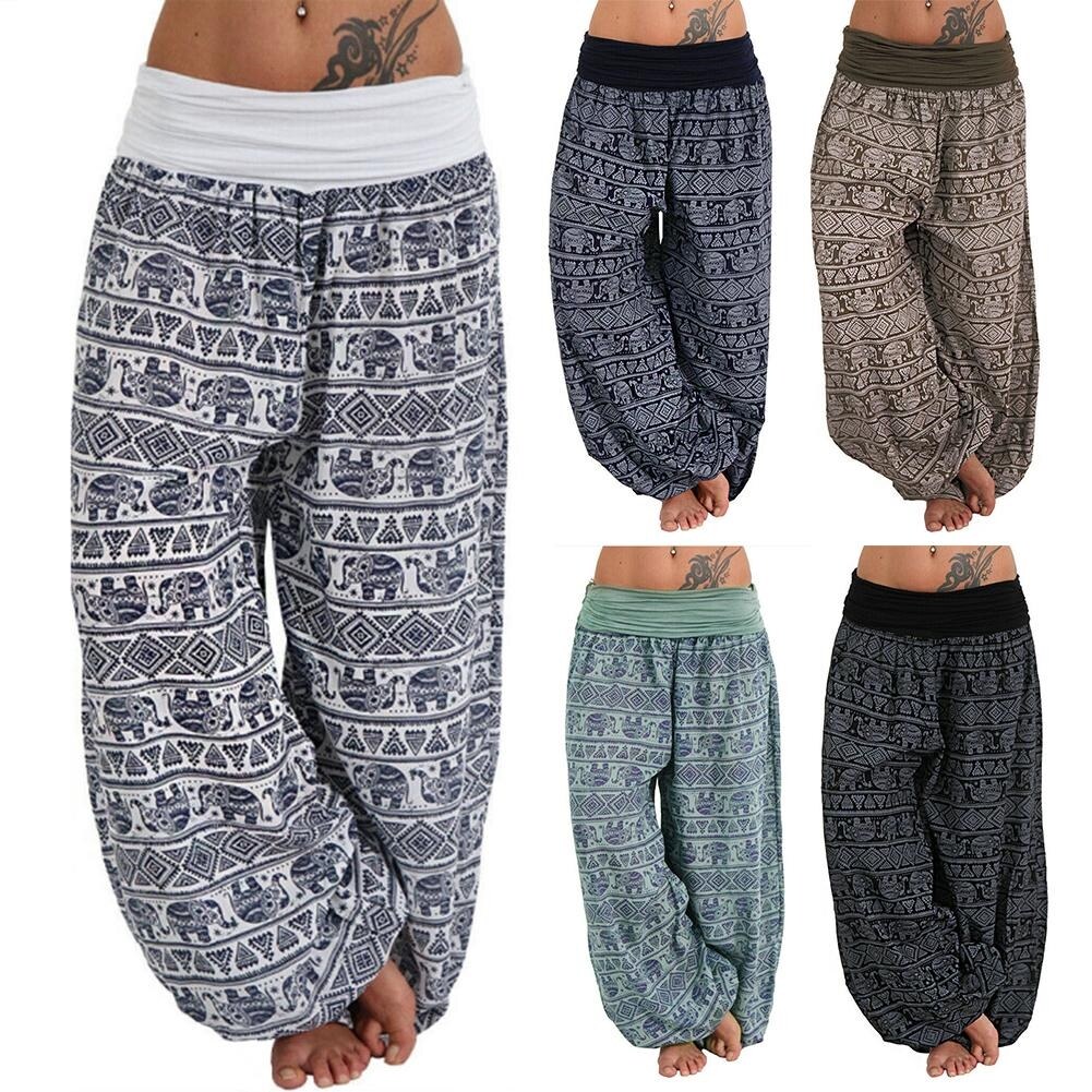 [Phong trào xung] phụ nữ boho in hình con voi Yoga cạp thấp quần dài rộng thùng thình bloomer Quần c