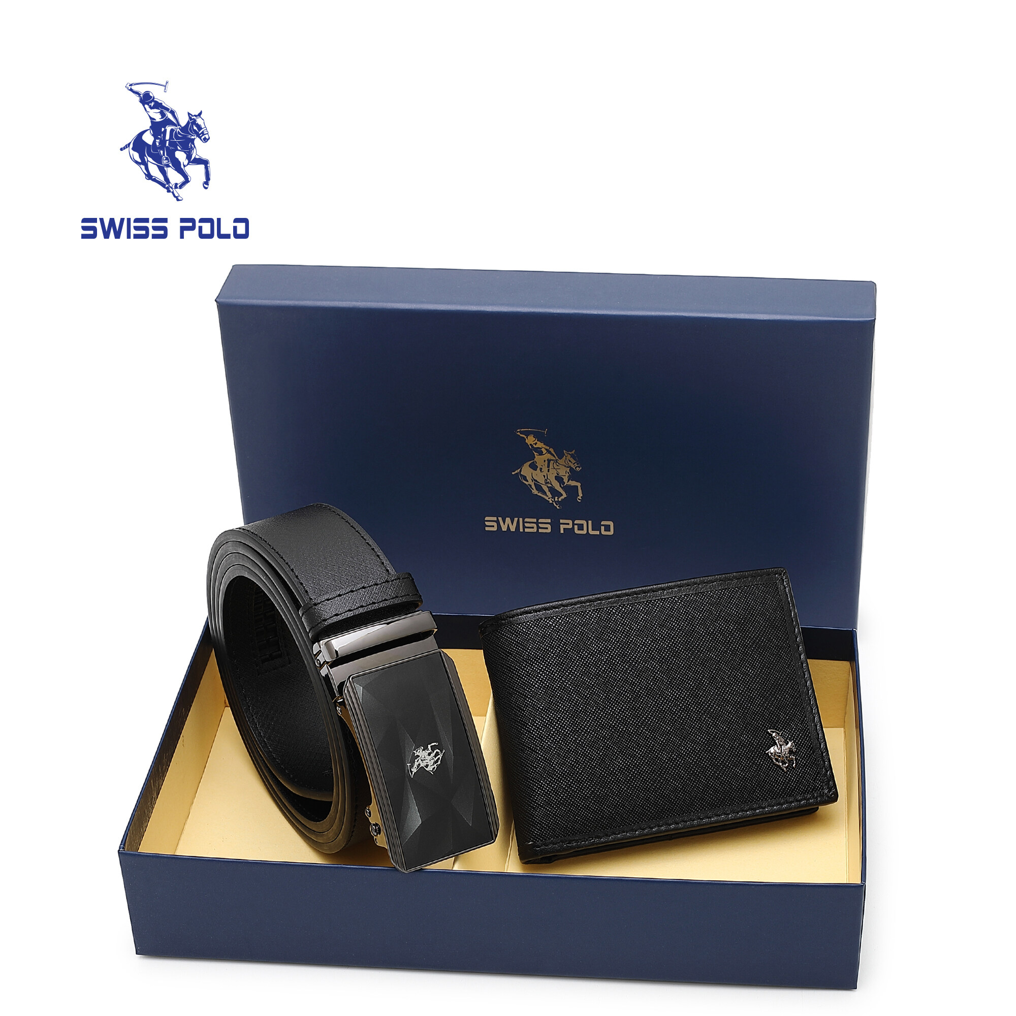 SWISS POLO Gift Set/ Box RFID Bifold Wallet With Belt SGS 555-1 BLACK