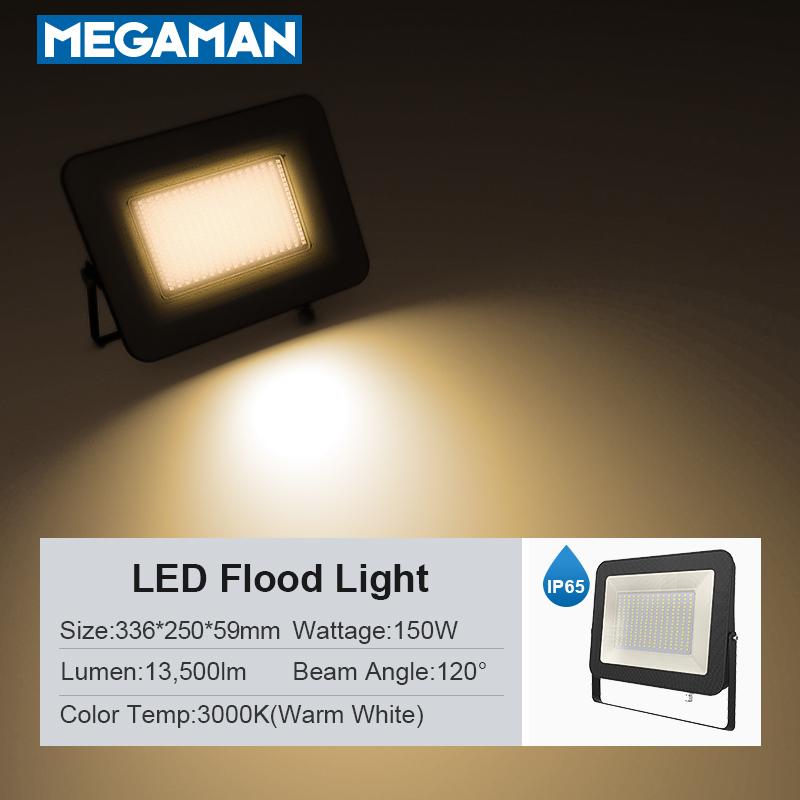 Megaman LED Floodlight Spotlight 150W 3000K 6500K IP65 BK Waterproof Ideal For Facade and Large Open Space Illumination