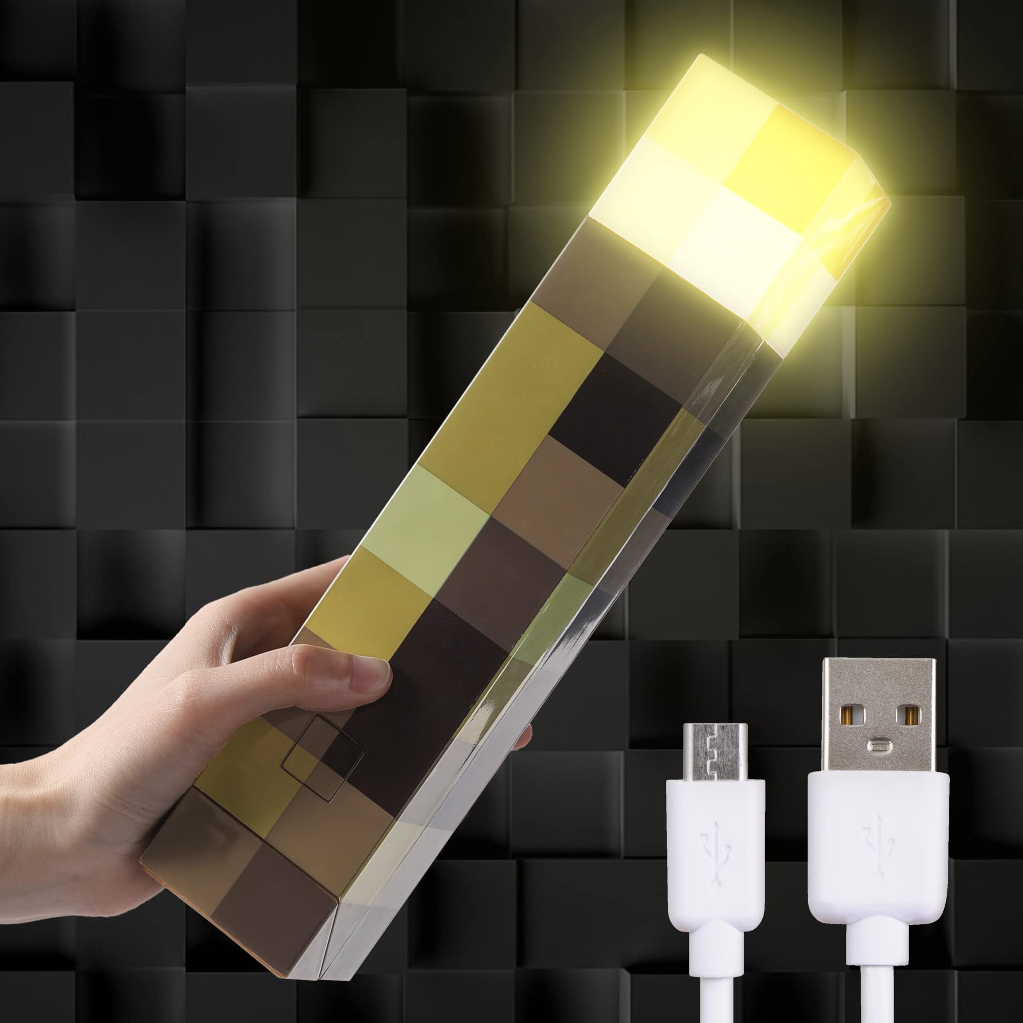 Lumens 4 Color LED Night Light Minecraft Lamp Brown Stone Torch Nightlight | LED Mood Light for Kids Bedroom USB Rechargeable for Torch Lamp Play Room Hallway | Home Decor Room Essentials | Video Game Gifts and Collectibles Minecraft Torch