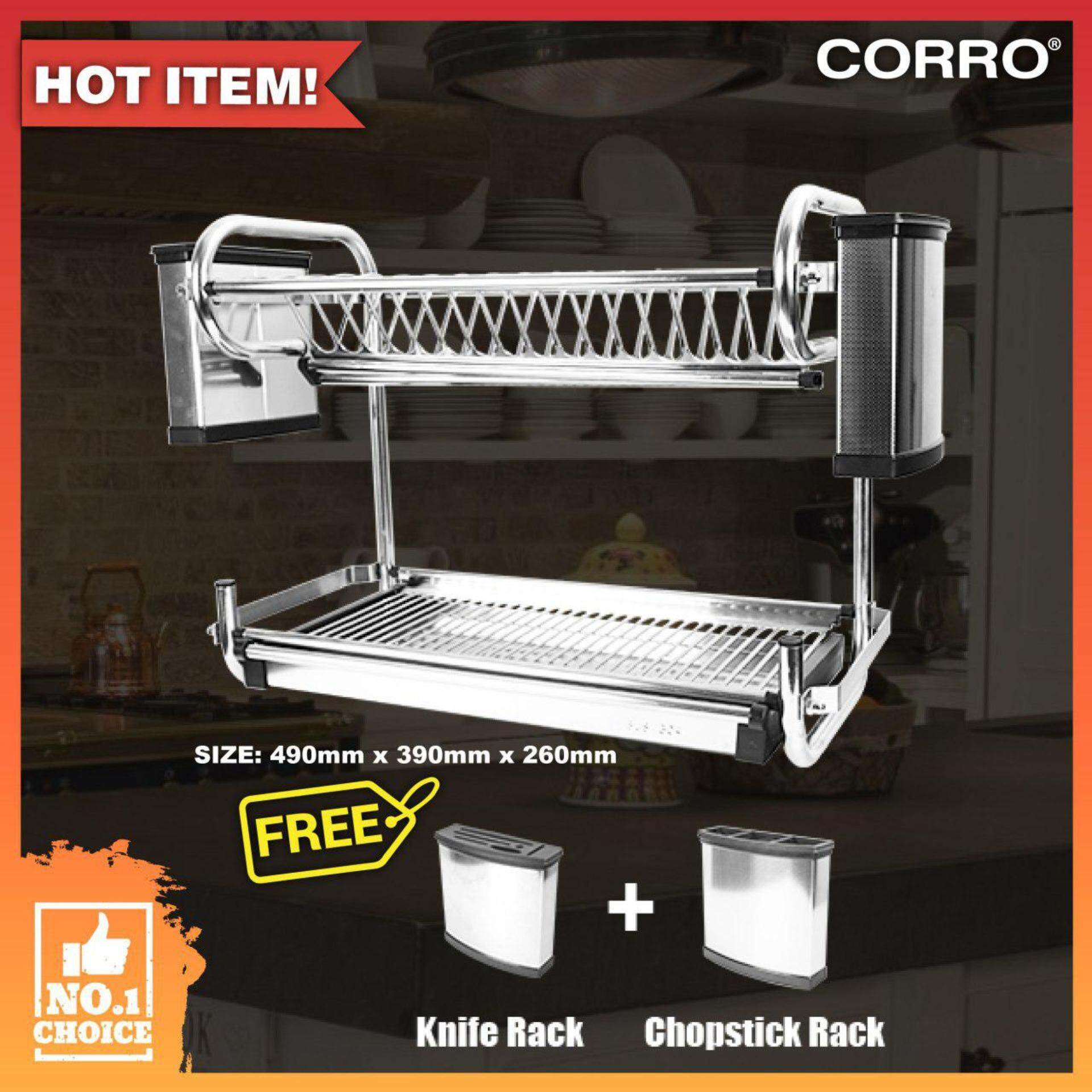 CORRO High Quality SUS304 100% Stainless Steel 2 Tier Dish Rack - L490 x H390 x W260mm