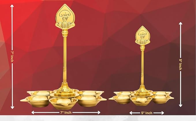 Arumuga Vilakku with vel – Traditional Brass Six Face Oil Lamp for Pooja | Arumugam Vel Vilakku | Murugan Vilakku for Temple | Sashti Pooja Karthigai Deepam ( 5" Inch Height | Gold Colour | 1 Piece)