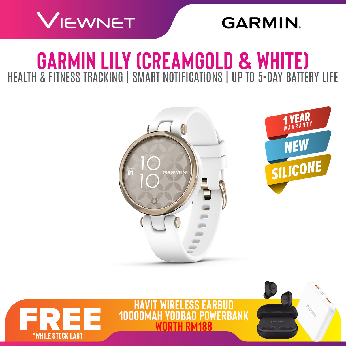 [NEW ARRIVAL] Garmin Lily Smart Watch (Silicone / Leather) - Stylish Patterned Lens, Smart Touchscreen, Small and Fashionable smartwatch