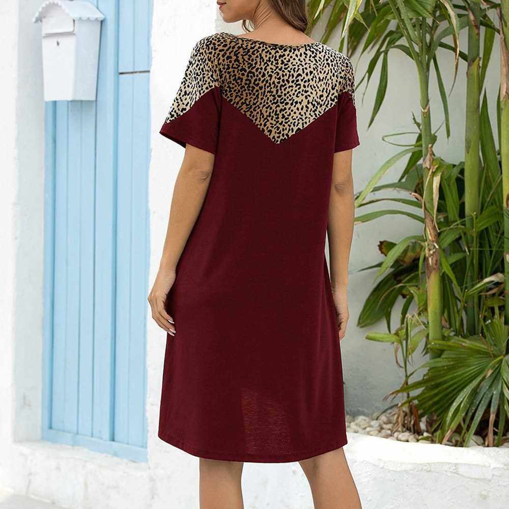 Women Leopard Print Dress Splicing Loose A-Line Short Sleeve O-Neck Mini Dress with Pockets Casual Summer Spring Holiday Shift Dress (Burgundy)