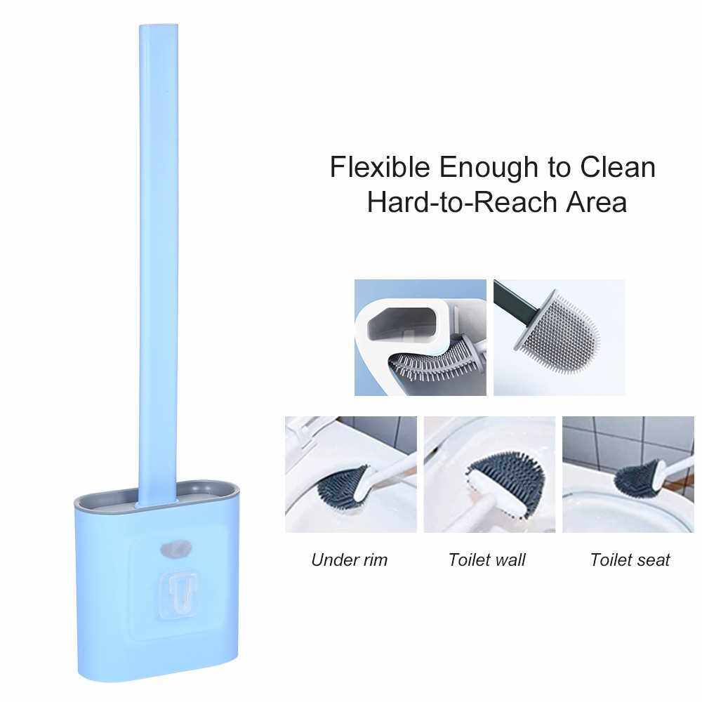 Wall Mount Flat Toilet Brush with Holder Silicone Toilet Bowl Cleaner Brush with Caddy Flexible Non-scratch TPR Bristles for Bathroom Easy Under Rim Cleaning (Blue)