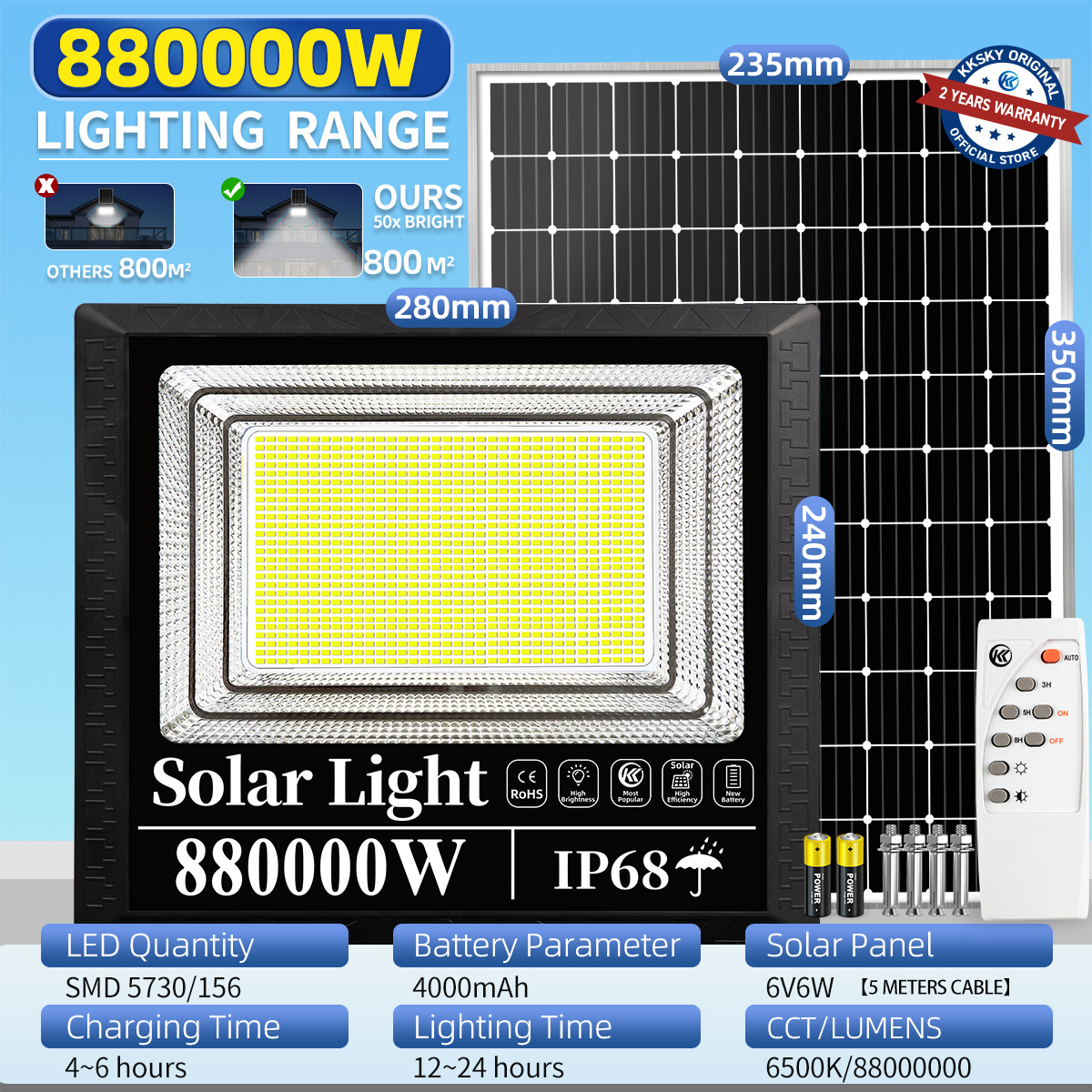 KKSKY 880000W Solar Floodlight/Street Light – Outdoor Waterproof LED Light Suitable for Indoor and Outdoor Use