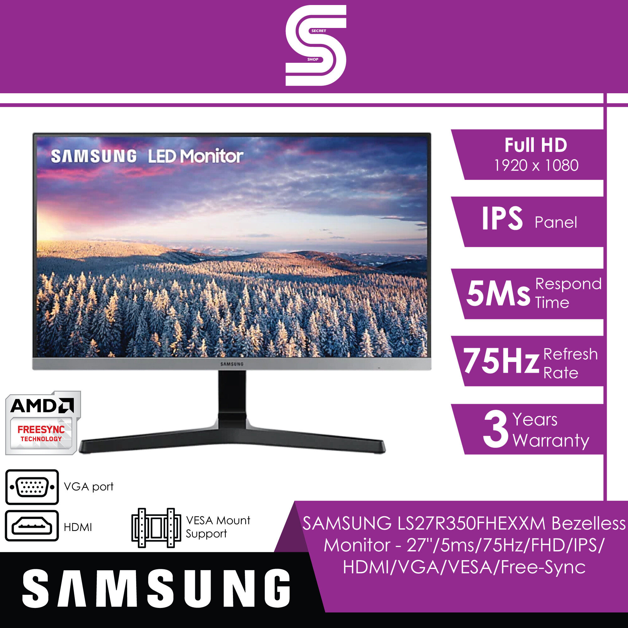SAMSUNG LS27R350FHEXXM Bezelless Monitor - 27"/5ms/75Hz/FHD/IPS/HDMI/VGA/VESA/Free-Sync
