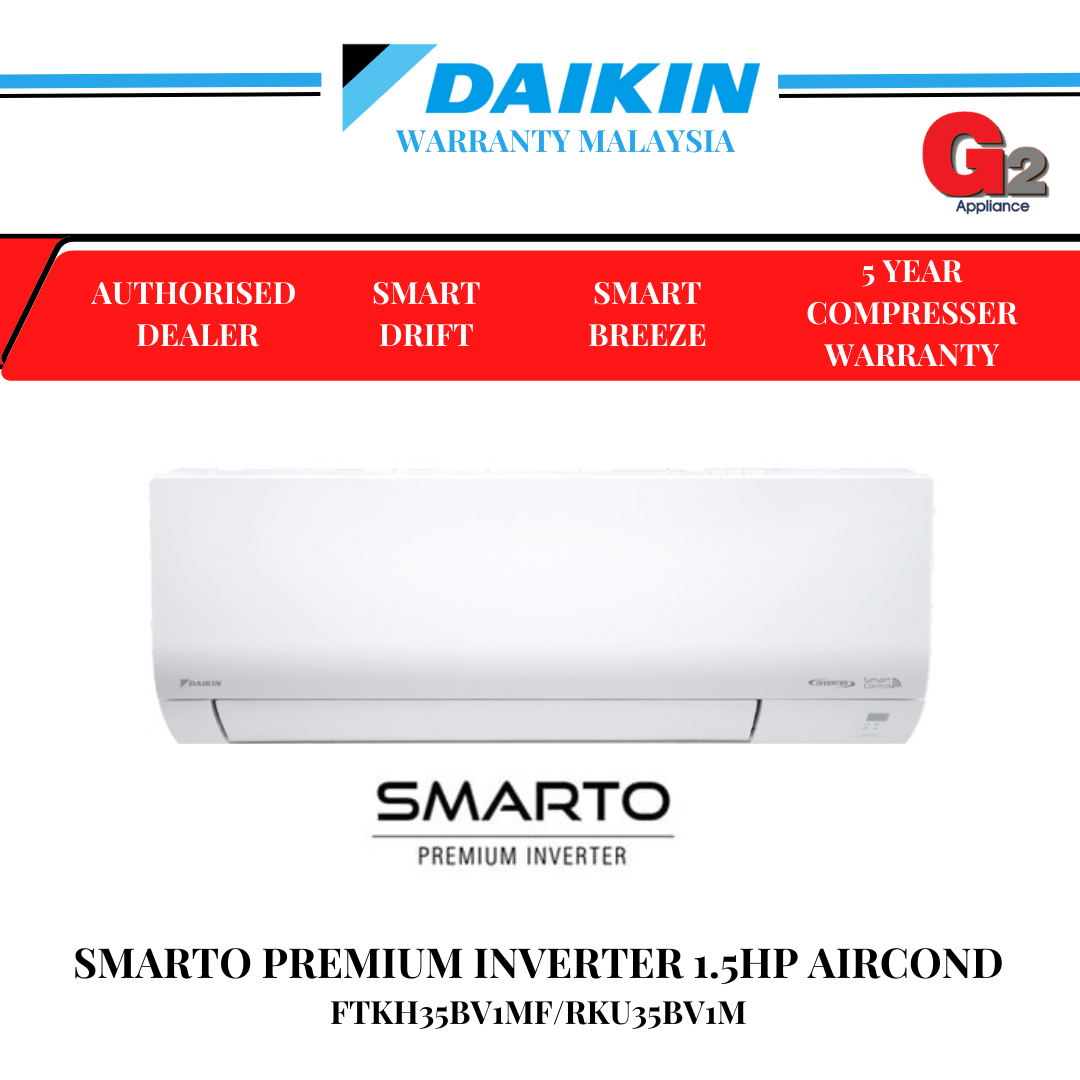 DAIKIN (AUTHORISED DEALER) SMARTO (WIFI) PREMIUM INVERTER 1.5HP AIRCOND FTKH35BV1MF/RKU35BV1M-DAIKIN WARRANTY MALAYSIA