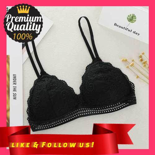 People's Choice Women Wireless Lace Bra Triangular Cups Removable Padded Spaghetti Shoulder Straps Comfortable Yoga Sport Bandeau Brassiere (Black)