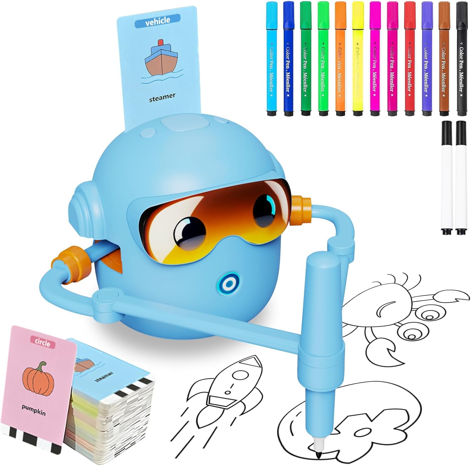 Drawing robot for kids (comes with 100 cards 12 colored pens and 2 paintbrushes) — Montessori-style drawing toy for children.