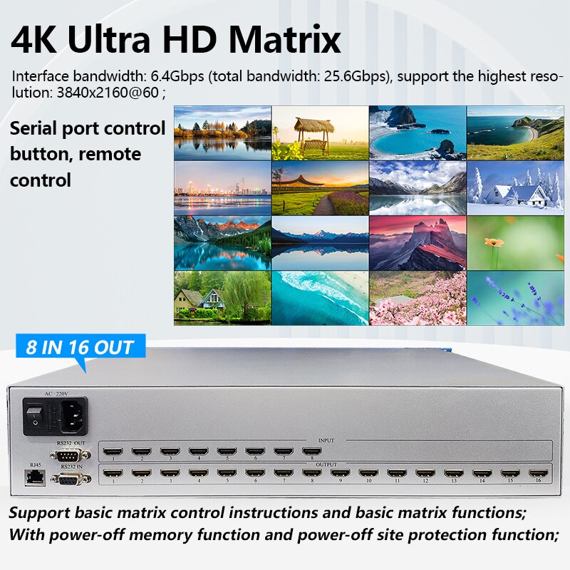 Matrix Switch HDMI2.0 8x16 4K 60Hz HDCP2.2 Profesional Rack HDMI-compatible Splitter 8 in 16 out with HDMI Audio Video Switcher ราคา 18,454 บาท*ส่งฟรี