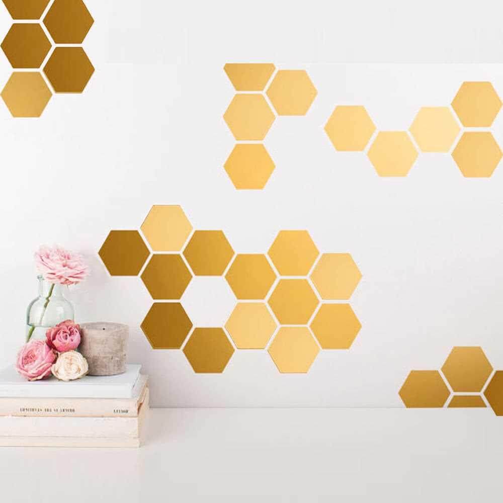 12Pcs Hot Sale Modern Design Adhesive Hexagonal 3D DIY Acrylic Wall Mirror Stickers For Room Bedroom Kitchen Bathroom Stick Decal Home Party Decoration Decor Art Mural (Sliver)
