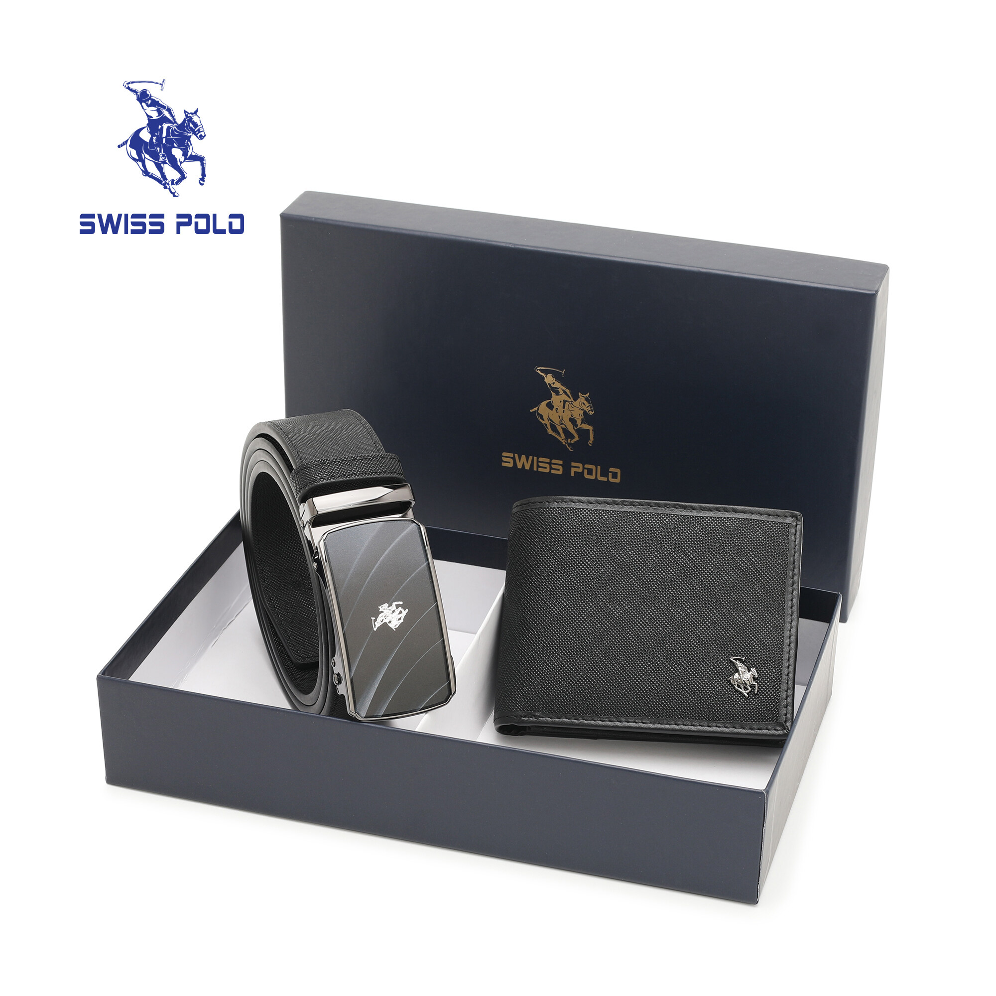 SWISS POLO Gift Set/ Box RFID Bifold Wallet With Belt SGS 562-1 BLACK