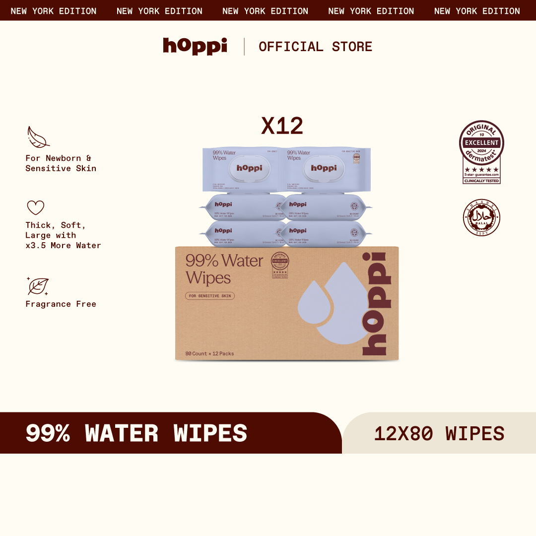 (Carton) Hoppi NYE 99% Water Wipes Dermatest 80s x 12 Packs (Loose Pack)