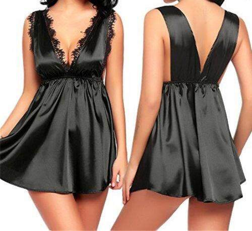 Bolster Store Women Satin Lace Patchwork Sexy V-neck Chemise Babydoll Lingerie G-string Pajamas #201818