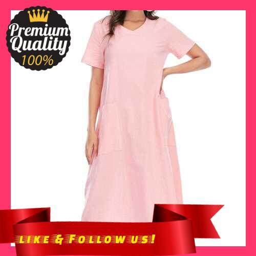 People's Choice Women Plus Size Loose Dress V Neck Short Sleeves Pockets Vintage Holiday Beach Dress S-5XL (Pink)