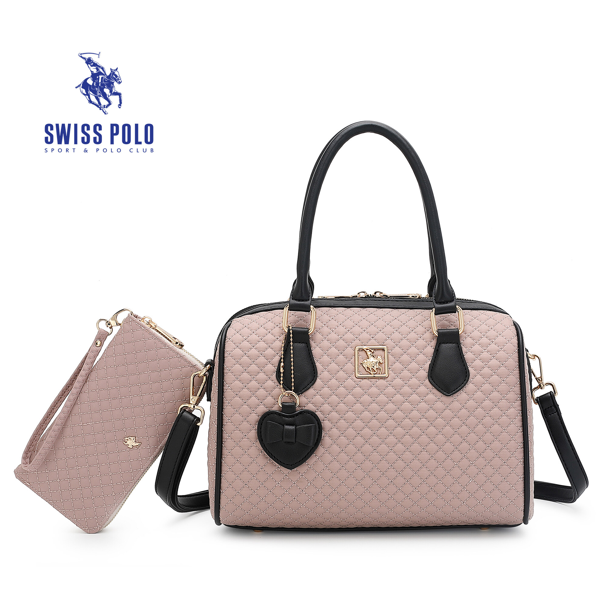 SWISS POLO 2 In 1 Ladies Quilted Top Handle Sling Bag With Long Purse HHM 173-2 PINK