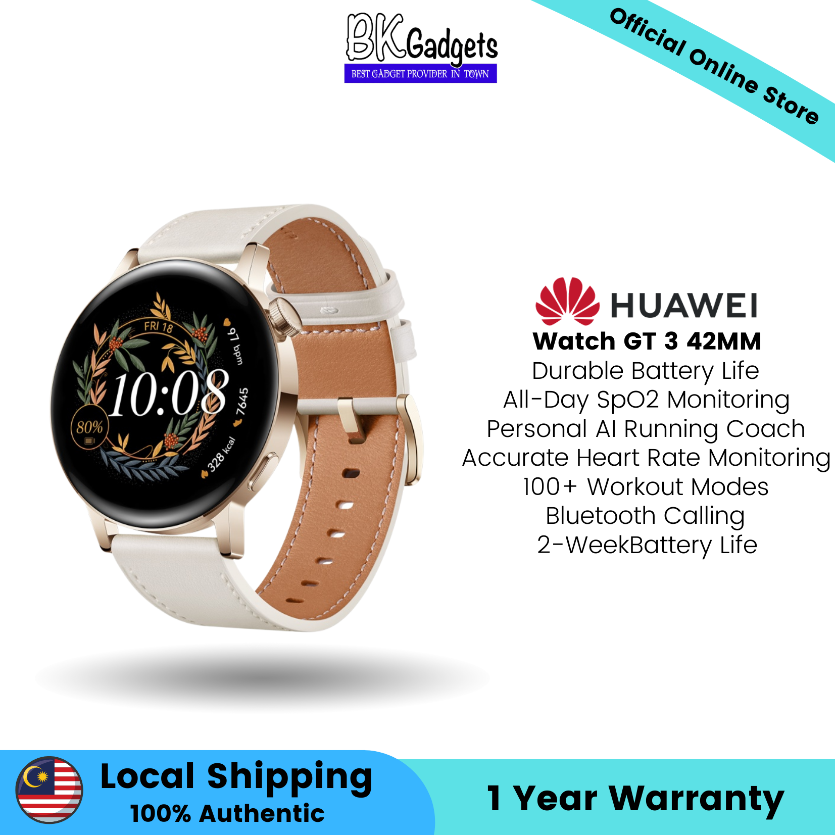 Huawei Watch GT 3 42MM White - All day SpO2 Monitoring | 100+ Workout Modes | Bluetooth Calling