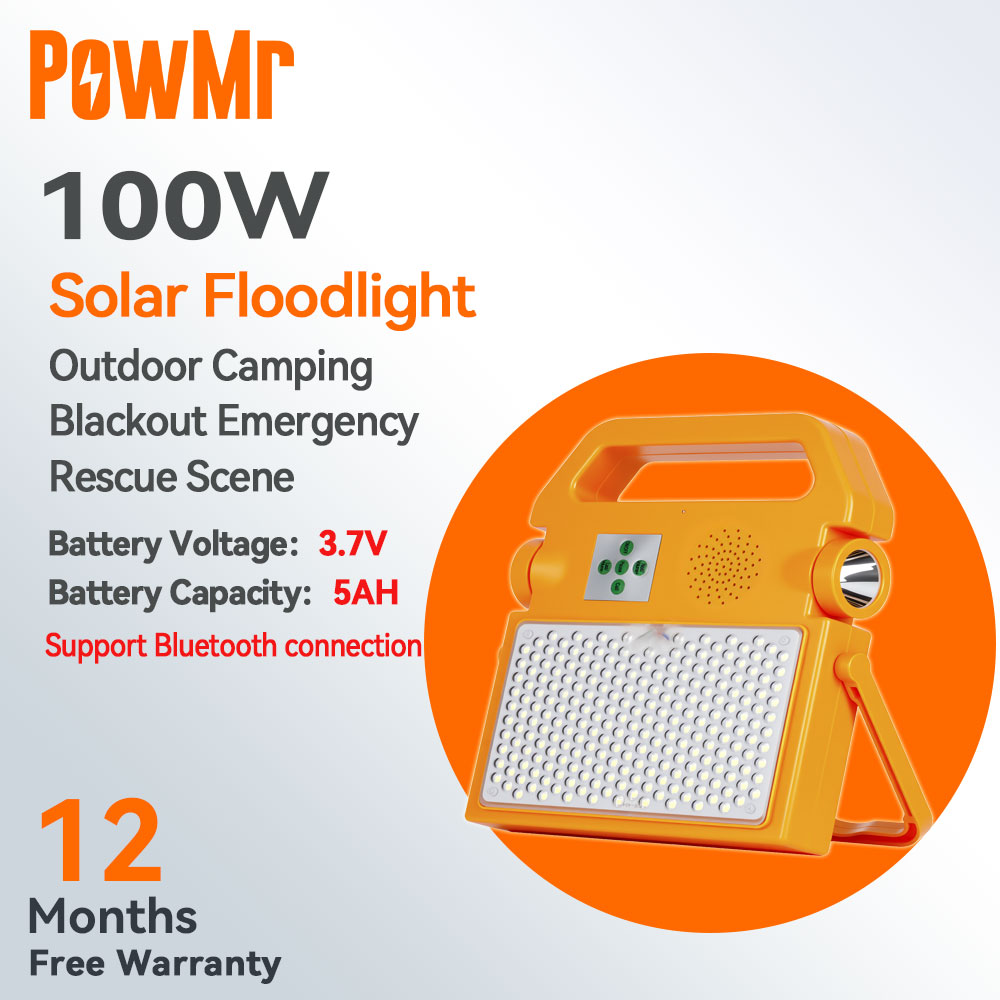 PowMr 100W Solar Floodlight 3.7V 5AH Outdoor Bluetooth Speaker Camping Emergency Light Power Outage Emergency No External Power Required 12-Month Warranty