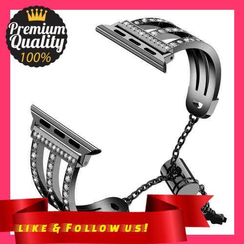 People's Choice Three-row Diamonds Adjustment Chain Metal Alloy Stainless Steel Strap Watchband Replacement Smart Watch Accessory (Black)