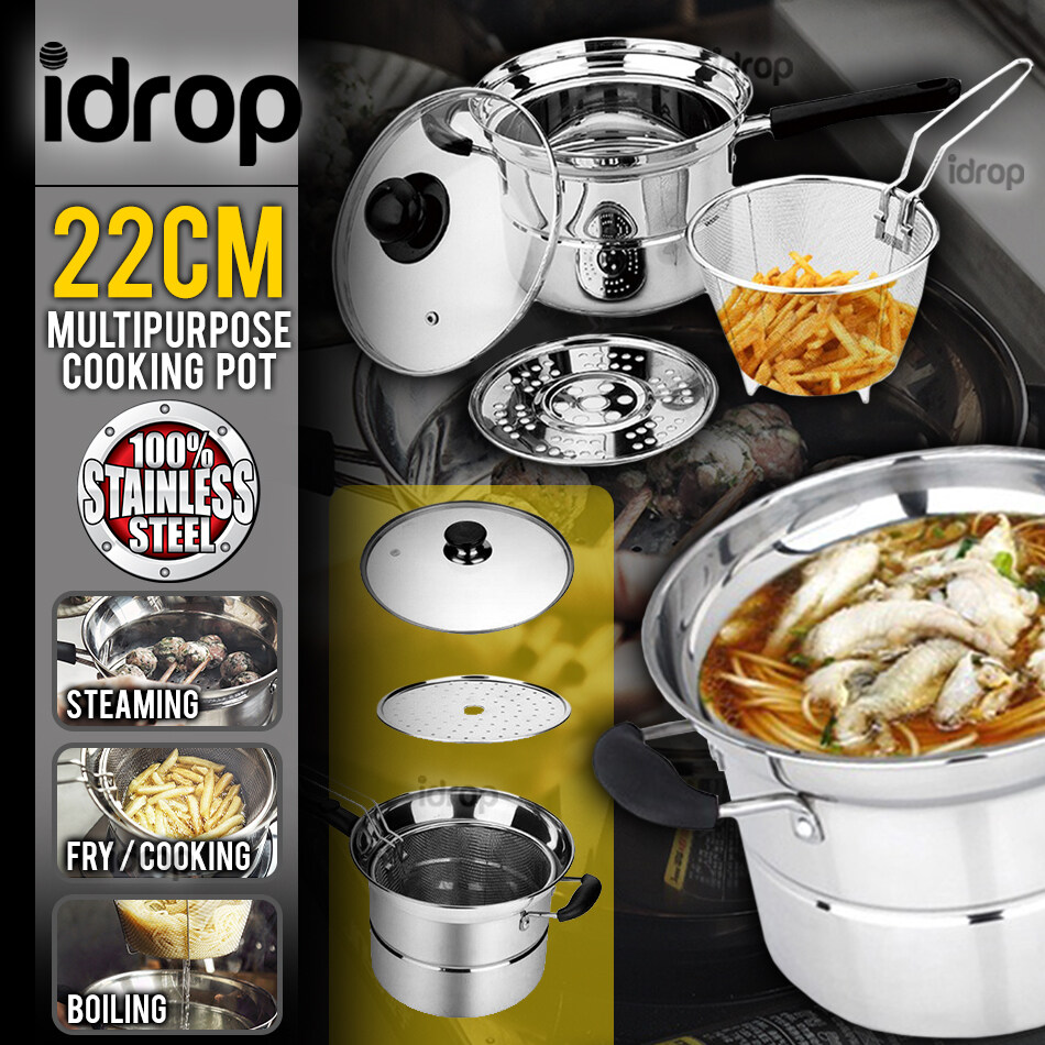 idrop High Quality Kitchenware Korean 22 cm Stainless Steel Pot Multipurpose Cooking Pot Gas Stove