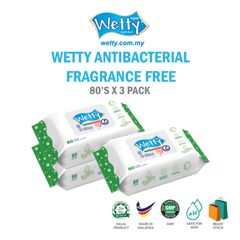 Wetty Wet Wipes Antibacterial Fragrance Free Tuala Bash Antibakteria Tanpa Bau Halal Tisu Basah Baby Wipes (3 x 80s)