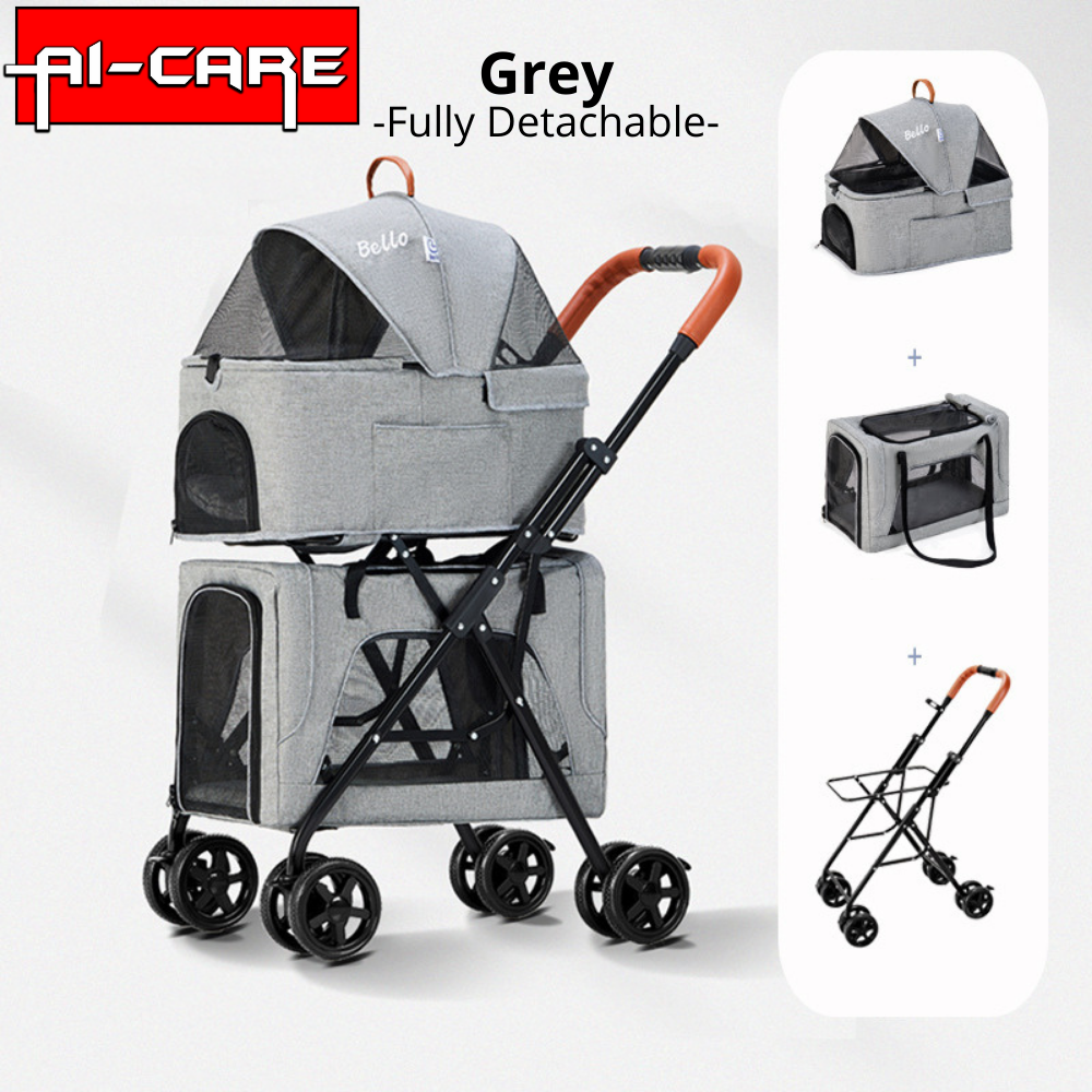 (Ready Stock) Bello double deck pet stroller 360 wheels easy to use detachable carrier for cat & dog