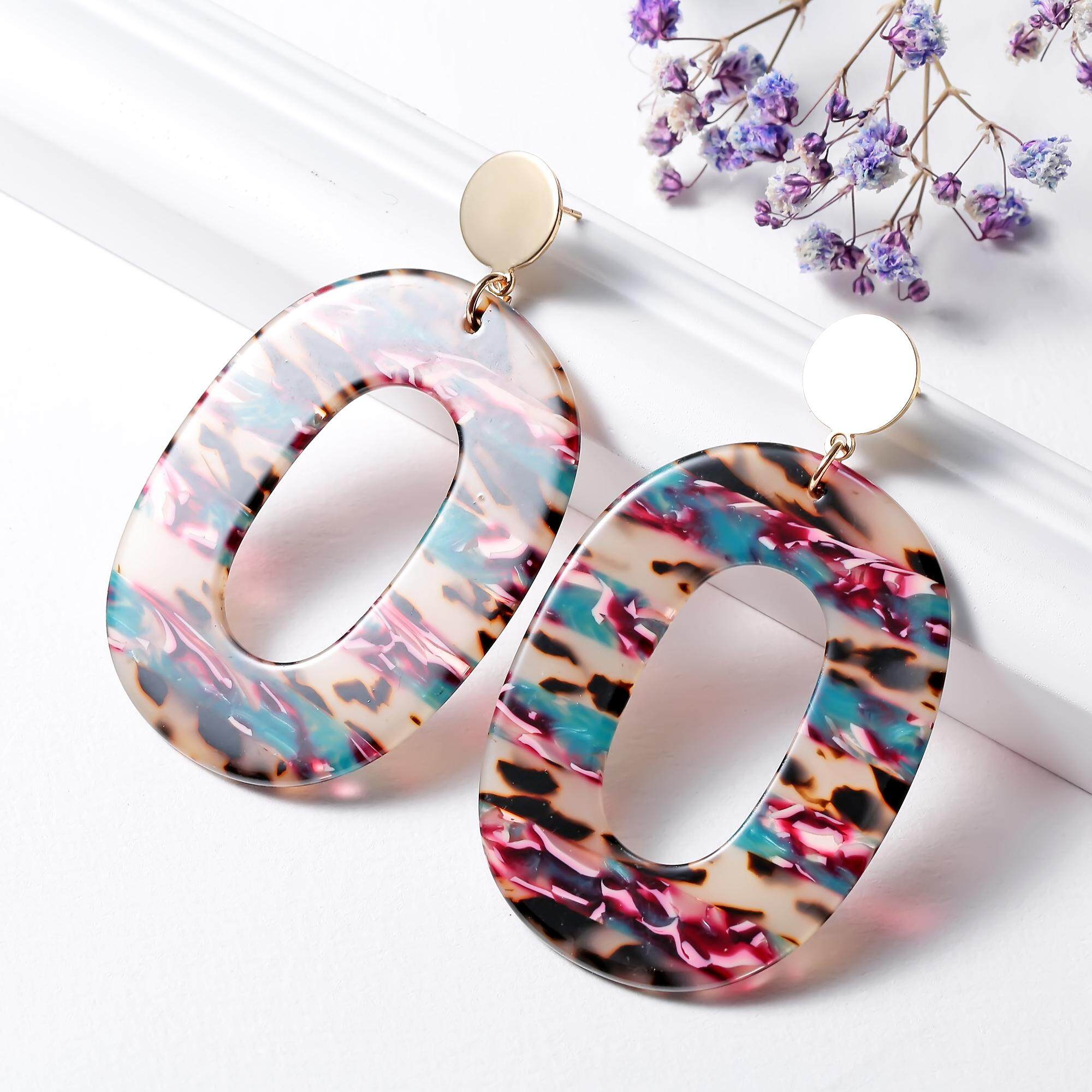 Bohemia Colorful Acrylic Round Stud Earring For Women Geometric Resin Jewelry Korean Eardrop Oval Shape Earrings