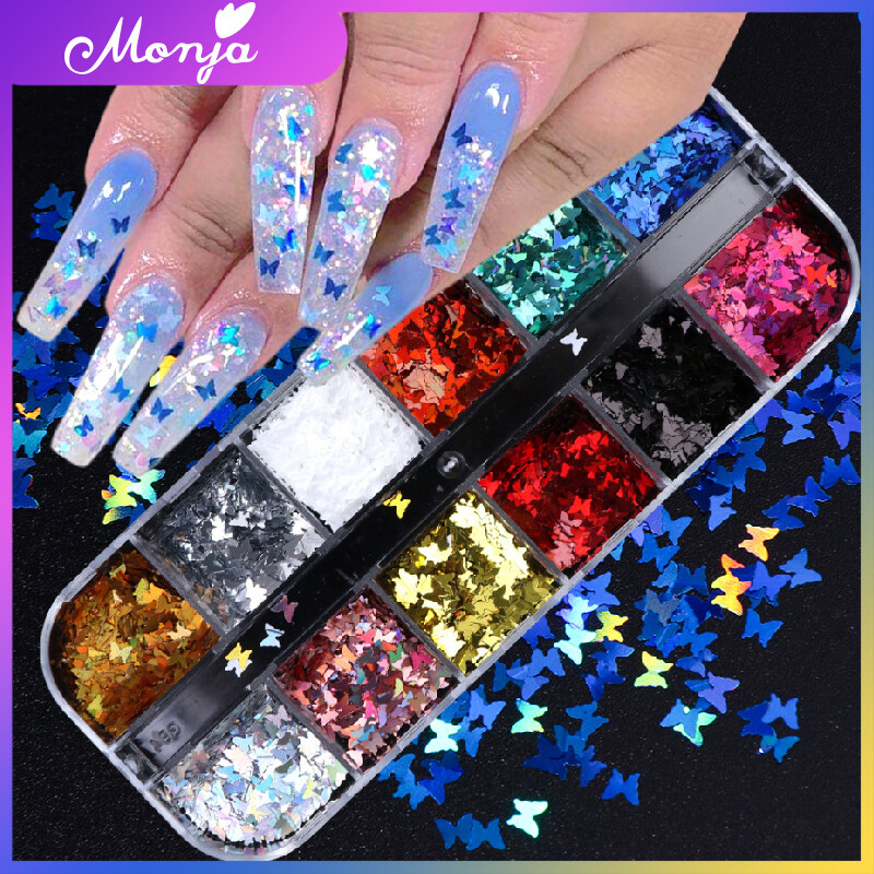 12 Lưới Hỗn Hợp Màu Sắc Bướm Shape Nail Art Glitter Flake Tự Nhiên Sparkly Sequins 3D Decal Trang Trí Móng Tay Phụ Kiện
