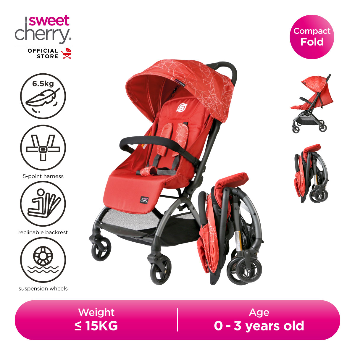 Sweet Cherry Lightweight Cabin Size Compact Folded Baby Stroller LD650 Oasis Stroller Suitable for Newborn to 3 Years Old