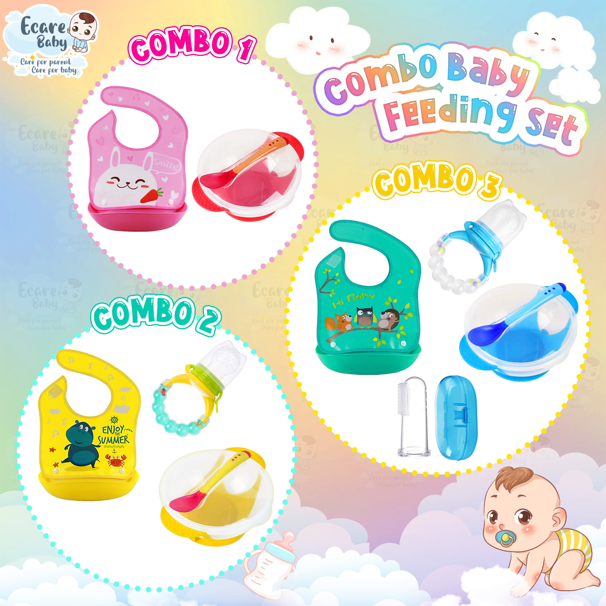 Combo 4 in 1 Baby Feeding Set Fruit Food Feeder Baby Spoon Baby Bowl Set Baby Bib Bekas Makan Bayi pinggan baby