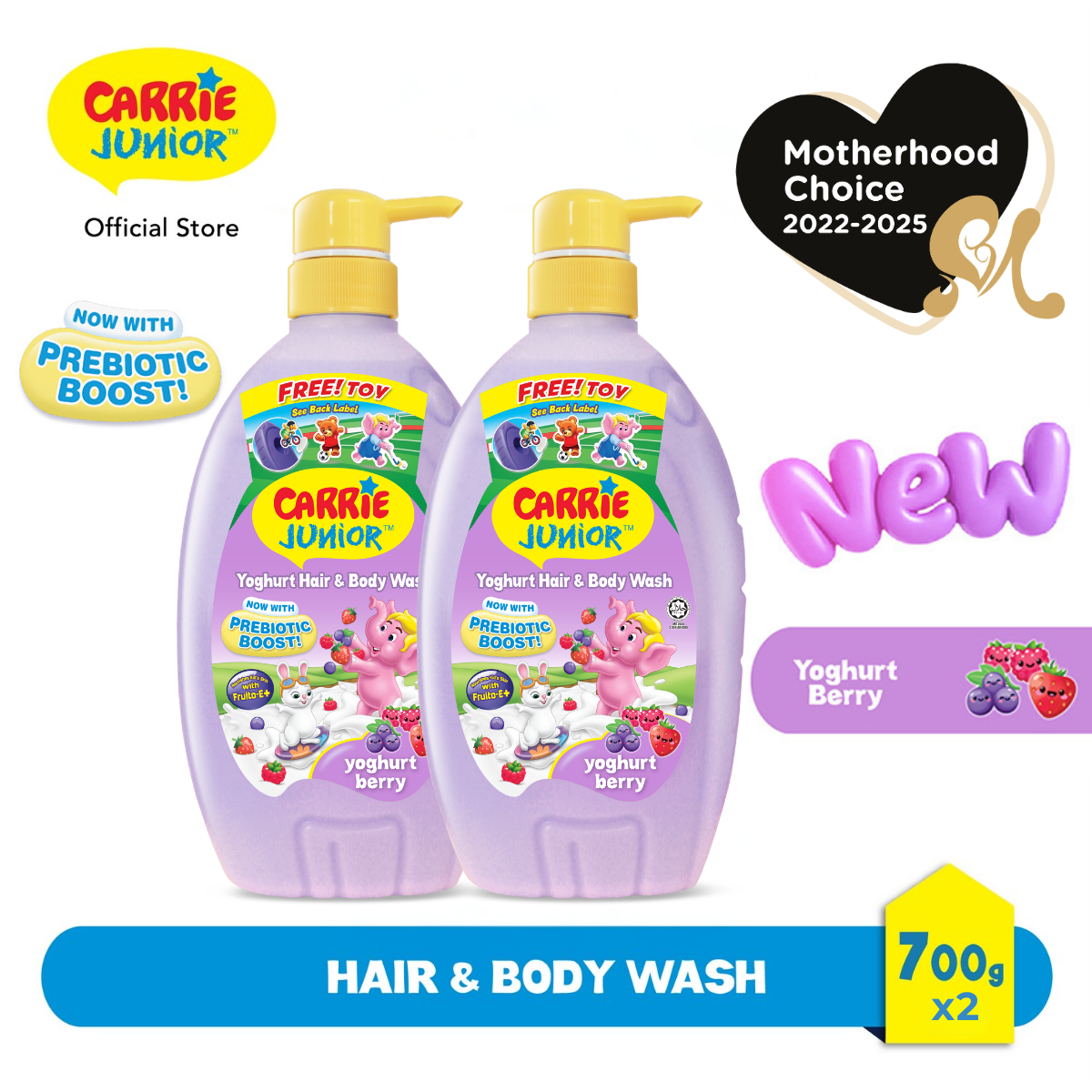 [Bundle of 3/2] CARRIE JUNIOR Hair & Body Wash - Berry Yoghurt 1000g | 700g | 475g [New Toy] | Prebiotics Boost