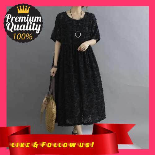 People\'s Choice Women Floral Lace Dress Elegant Mid-Calf Loose O-Neck Short Sleeves Dress Plus Size (Black)