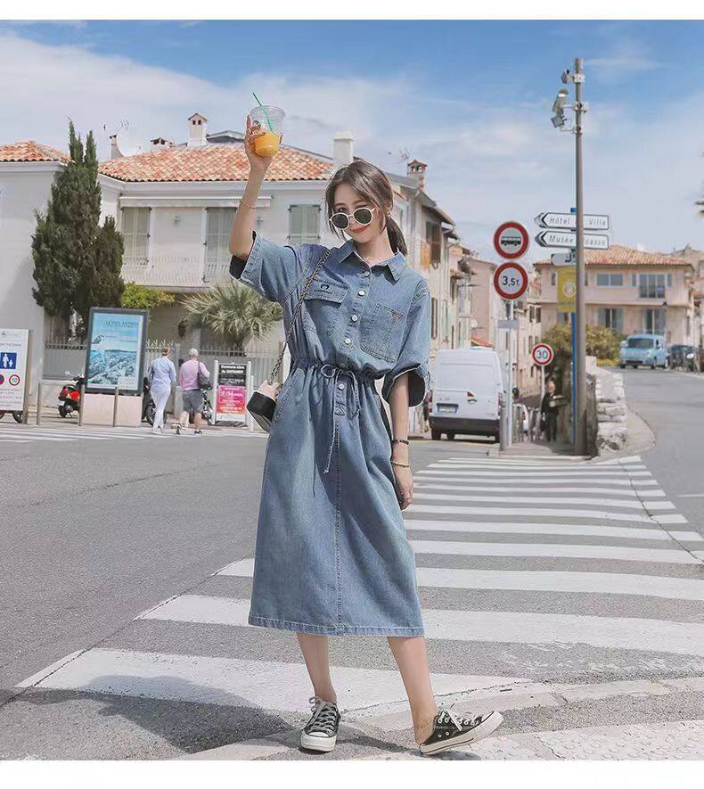 2023 mùa xuân và mùa thu Mới Pháp Slim vừa rộng Đầm Denim Của Phụ Nữ Ngọt Ngào Tính Khí Nữ Thần Phong Cách Ren lên Eo Sinh Viên chiều dài trung bình Ăn Mặc