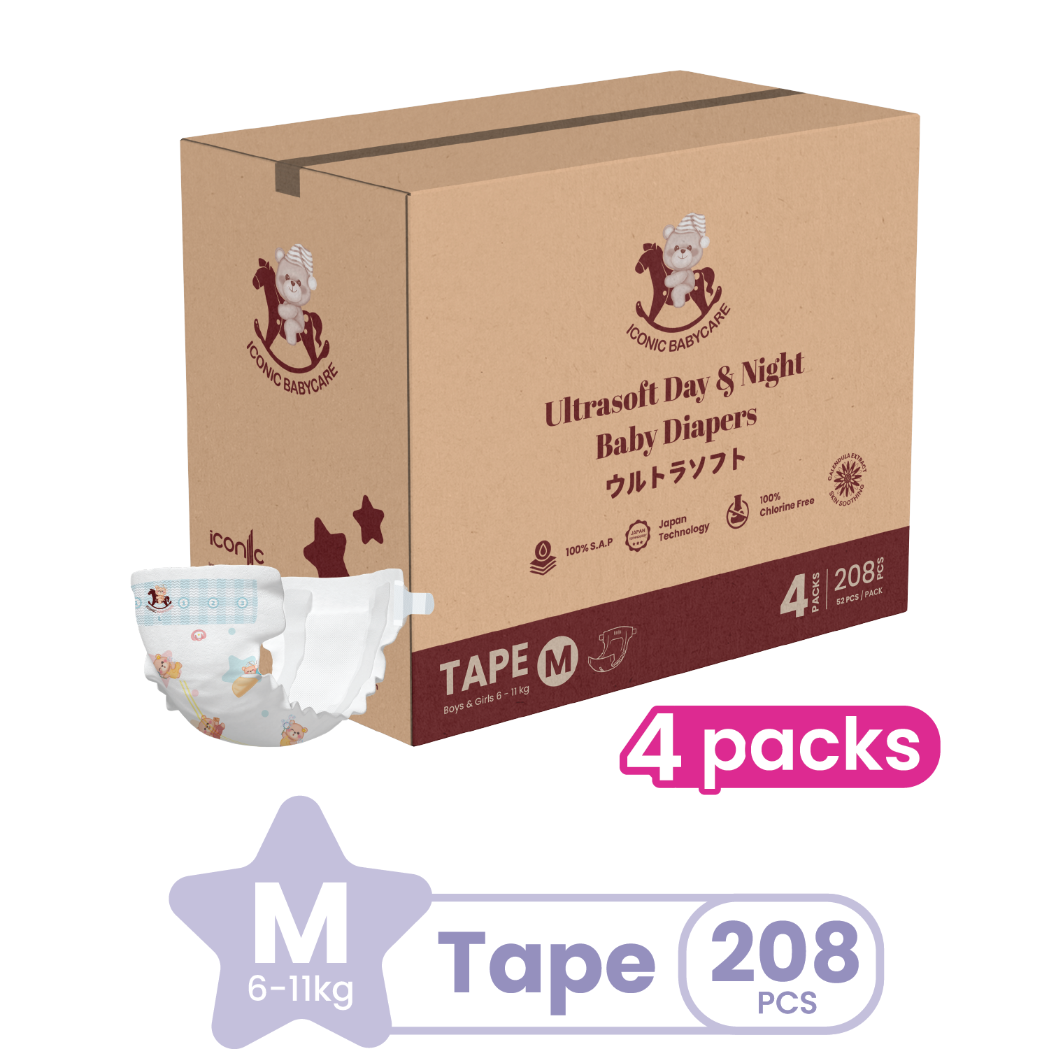 [Bundle of 4] Iconic Babycare Ultrasoft Day & Night Baby Diaper Tape NB120/S224/M208/L192