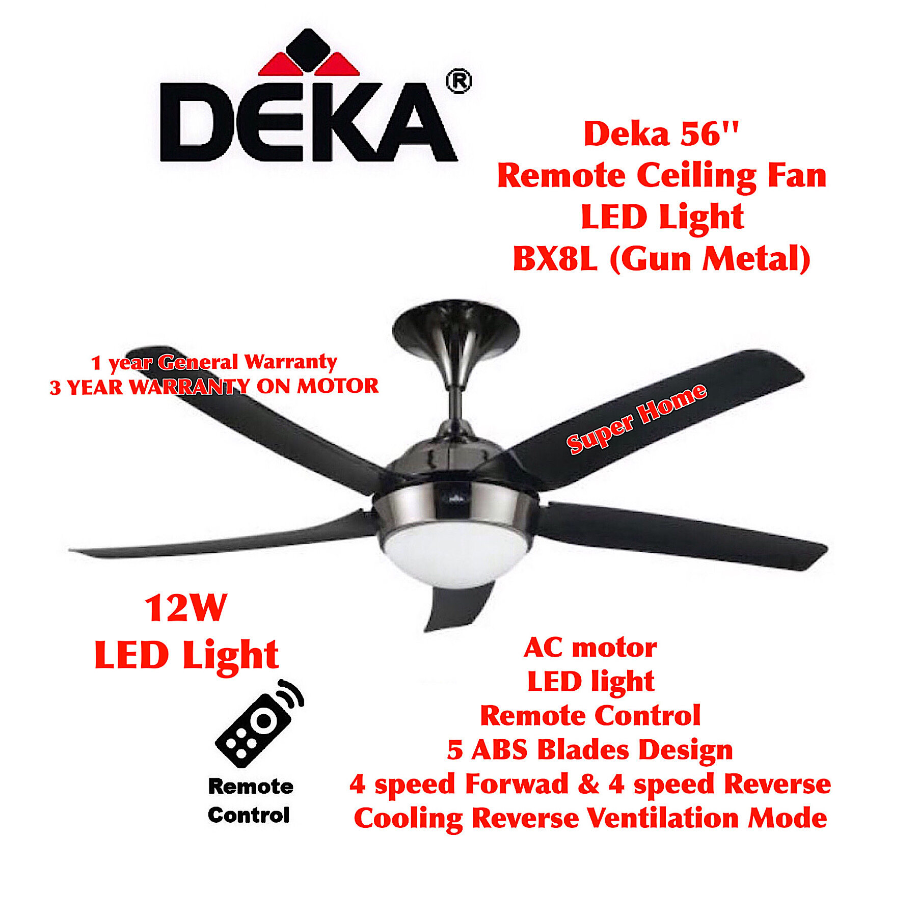 Deka 56 inch Remote Control Ceiling Fan with LED Ligh(12W) BX8L (Gun Metal) - 4 speed Forwad & 4 speed Reverse