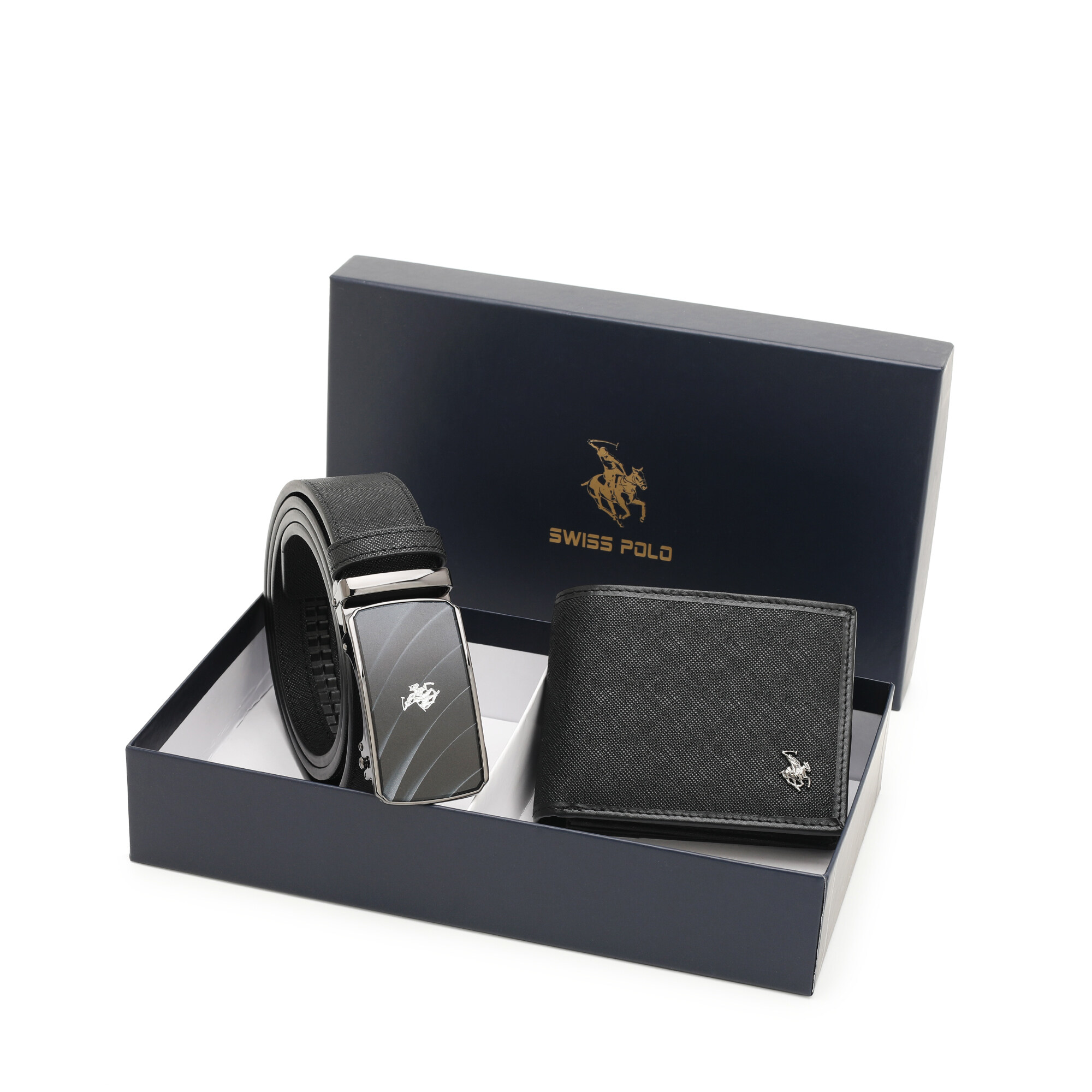 SWISS POLO Gift Set/ Box RFID Bifold Wallet With Belt SGS 562-2 BLACK