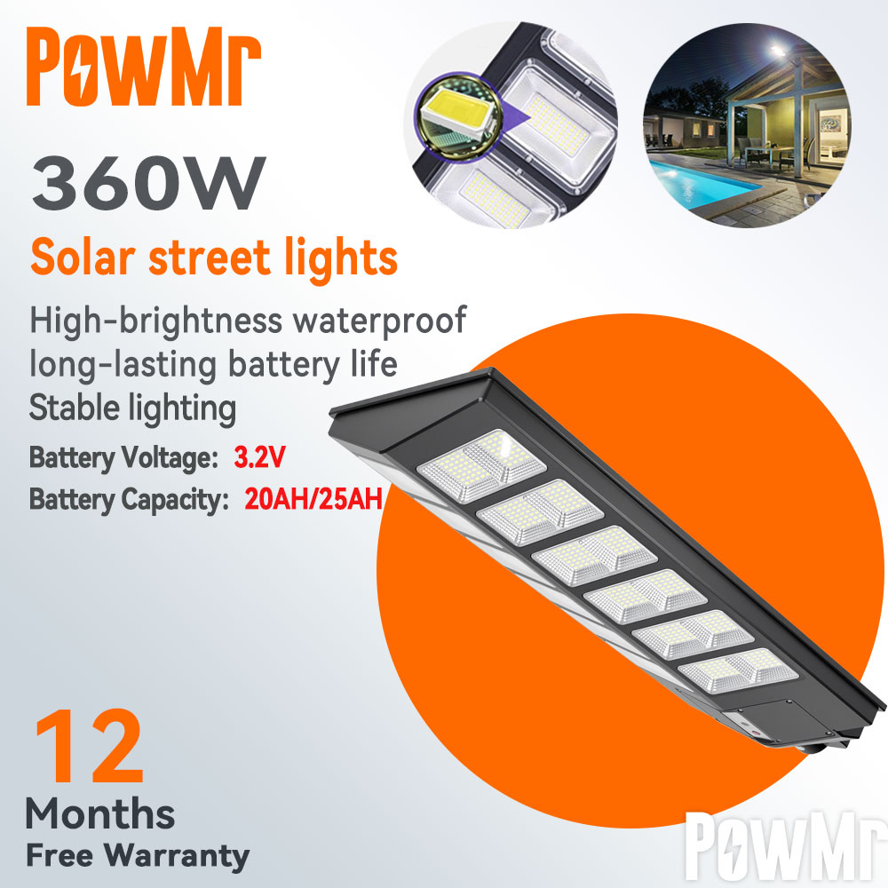 PowMr Solar Street Light 360W High Brightness Waterproof Battery 3.2V 20/25Ah Home Garden Solar Street Light 12-Month Warranty